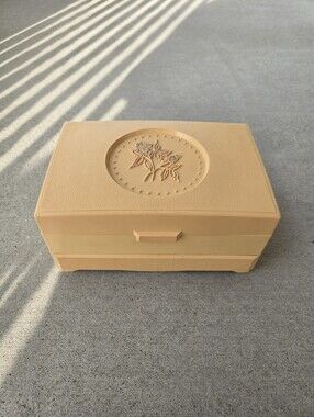 VTG 60s 70s MCM Retro Beige Yellow Floral Rose Celluloid Multi Tier Jewelry Box